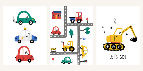 Set of cute cartoon baby boy posters with tractor, police car, taxi, house, excavator in cartoon style. Adorable childish transport, hand drawn lettering. Print for wall decor in children's bedroom