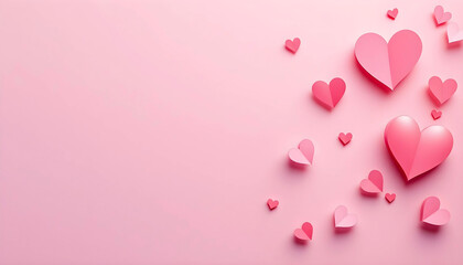 Elegant handcrafted paper hearts arranged across a muted pink background creating a sophisticated valentine design