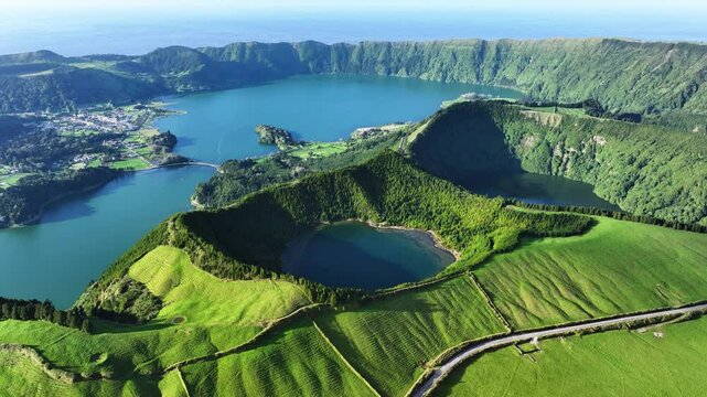 Scenic aerial view of Sete Cidades volcanic caldera and crater lakes, Azores