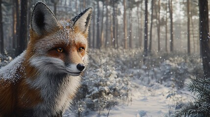 Obraz premium Majestic fox portrait in snowy forest nature photography winter wonderland close-up view captivating wildlife