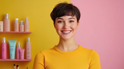 Makeup artist smiling confidently in vibrant salon portrait photography beauty industry bright colors close-up