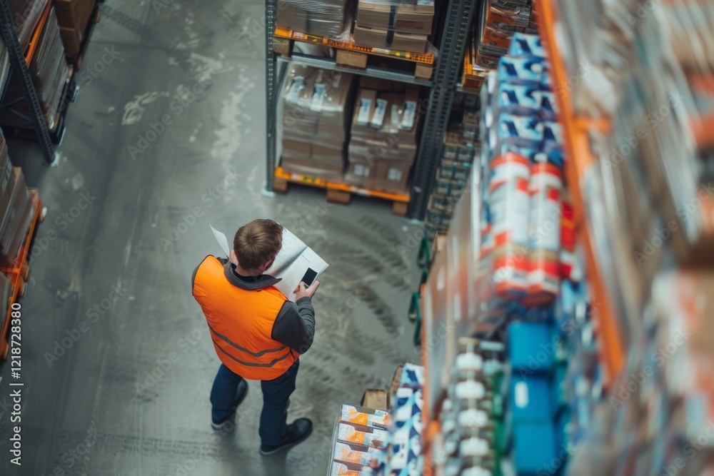Poster Overhead view of a warehouse worker in an orange high-visibility vest, examining inventory using a clipboard or document. Shelves stocked with various items are visible in the background.