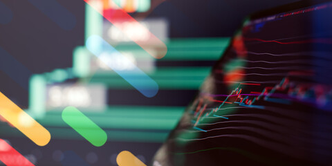 Abstract Trading Screen with Candlestick Chart and Colorful Market Trends in Soft Focus