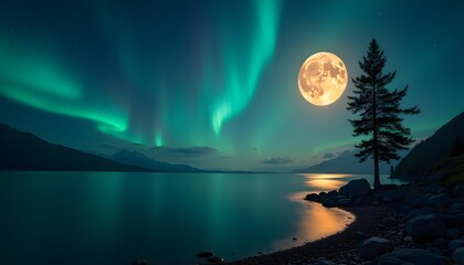 Full moon and aurora borealis night sky over a calm lake with mountainous horizon