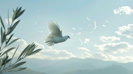 Obraz premium Serene landscape with white dove in flight symbolizing peace and ceasefire, calm blue sky, distant mountains, and single olive branch in foreground.
