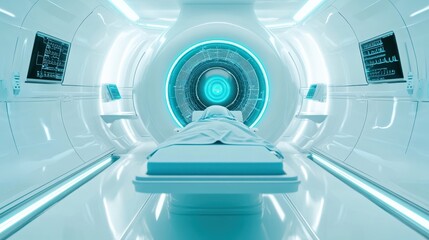 Obraz premium Advanced futuristic medical facility featuring a high-tech examination room and a patient on a sleek medical bed