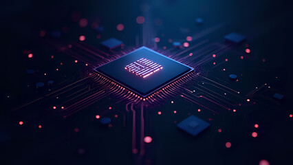 Glowing Connections in AI Technology on Circuit Board - Artificial Intelligence, Computer Chip