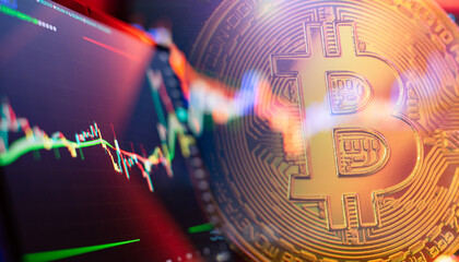 Cryptocurrency trading interface using Bitcoin, dollar bills and financial market data visualization