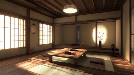 A Serene Japanese Tea Room Bathed In Warm Sunlight, Showcasing Minimalist Design And Traditional Aesthetics. The Wooden Floor And Furniture Create A Calming Atmosphere.