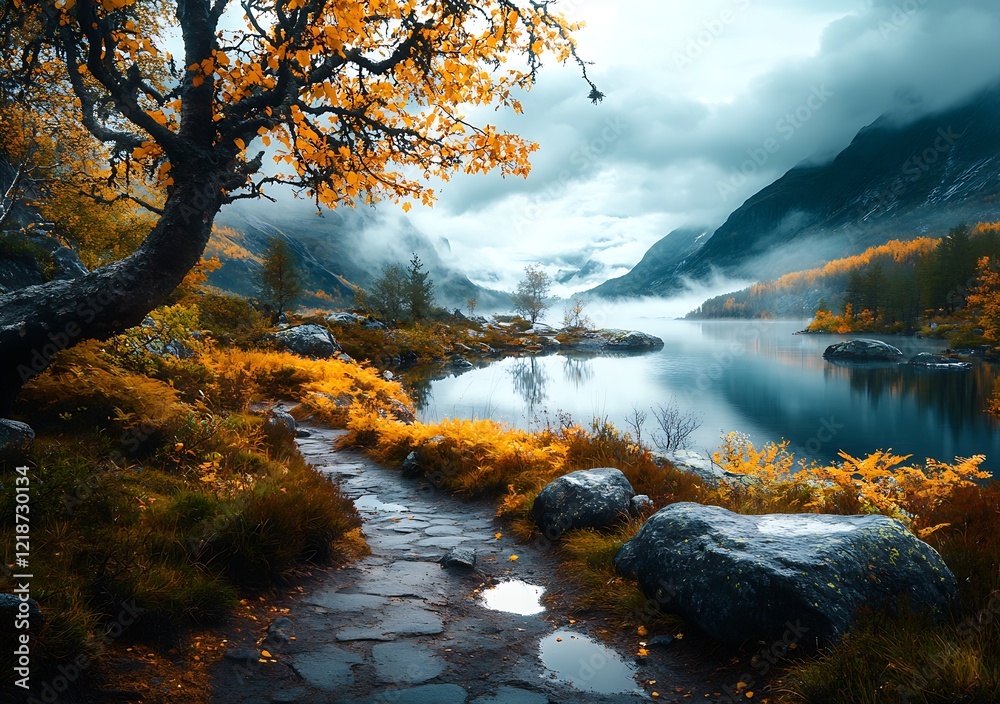 Poster enchanting autumn landscape with scenic river pathway and vibrant foliage in tranquil forest setting