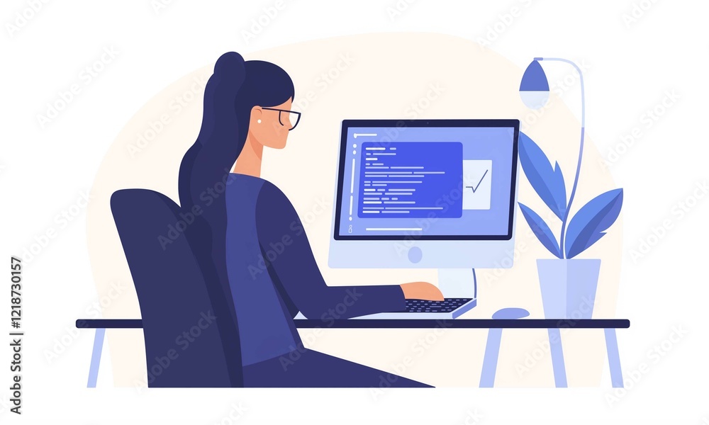 Wall mural modern women work at the screen with coding in computer programs.