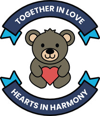 A teddy bear holding a heart in front of a ribbon