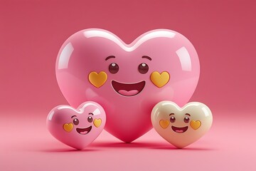Obraz premium Cute cartoon hearts, smiling faces, 3D render, pink hearts on red background, romantic illustration, Valentine's Day theme, kawaii style, soft gradient shading, simple design, love concept, cheerful e