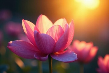 Fototapeta premium Golden light filters through petals of blue glower, sunlight, nectar