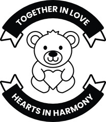 A teddy bear holding a heart in front of a ribbon