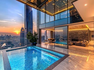 Obraz premium A stylish penthouse in Dubai, featuring an expansive balcony, swimming pool, and panoramic city skyline with iconic skyscrapers and a sunset backdrop.