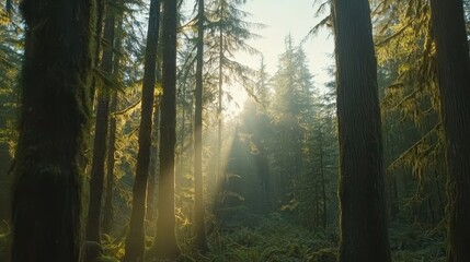Obraz premium Sunbeams Illuminate a Mossy Temperate Rainforest