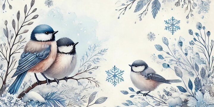 Blaumeisen im Winter, Aquarell