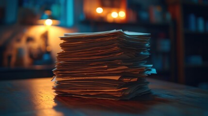 Stack of Paper Documents on Wooden Table in Soft Ambient Lighting