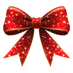 Red Festive Bow with Gold Trim and Stars on a transparent background, cut out, PNG 3D Digital Art, clip art.