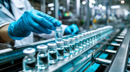 Close-up of a scientist's gloved hands handling vial bottles on an automated assembly line in a high-tech pharmaceutical laboratory, showcasing precision and advanced scientific research.