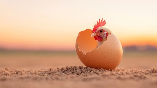 Surreal National Poultry Day Miniature Rooster Breaking Free from Egg Dreamlike Sunset Fields for Agriculture Awareness and Spring Decor Inspiration