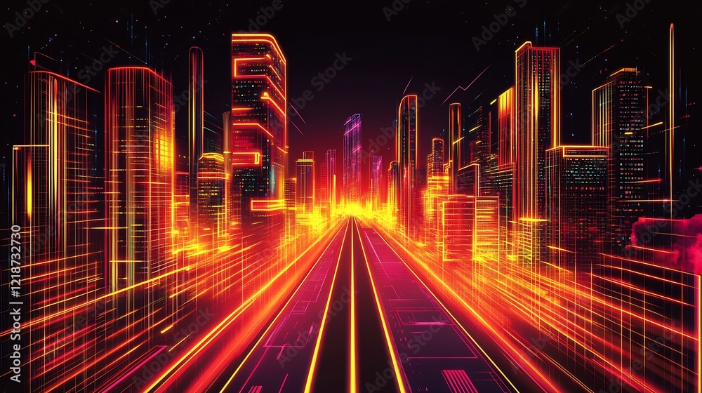 Poster electrifying neon city with a streamlined futuristic road and shimmering skyscrapers : generative ai