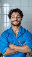 Obraz premium Modern Industrial Aesthetics South Asian Plumber in Blue Uniform with Wrench - World Plumbing Day, Spring Clean Water Solutions and Global Health