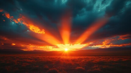 Breathtaking Sunset Over Landscape with Vibrant Sun Rays and Clouds