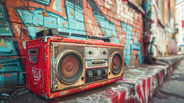 Vintage brightly colored retro 80's style tape recorder in front of a brightly painted graffiti wall.Vibe images evoke a sense of nostalgia, muse and urban culture. 80's style boombox