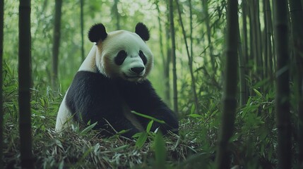 Obraz premium Panda relaxing in bamboo forest nature scene gigapixel standard tranquil environment close-up view