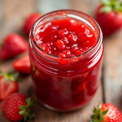 Concept photo of strawberry jam in a glass jar