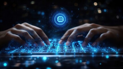 Hands Typing on Digital Keyboard with Futuristic Data Graphics