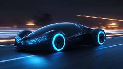 electric car on the road, with holographic wireframe graphics overlaying its design and surrounded by digital data streams