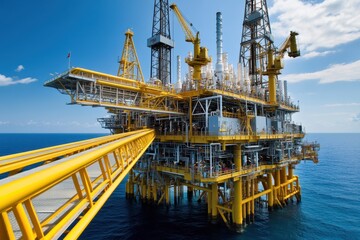 Vibrant Offshore Oil Rig in Clear Blue Waters, Showcasing Industrial Architecture and Energy Production in Sunny Weather Conditions Under a Bright Sky