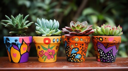 Colorful painted succulent pots home garden decorative art outdoor setting close-up view creative design ideas