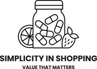 A jar of pills and fruit is displayed with the words