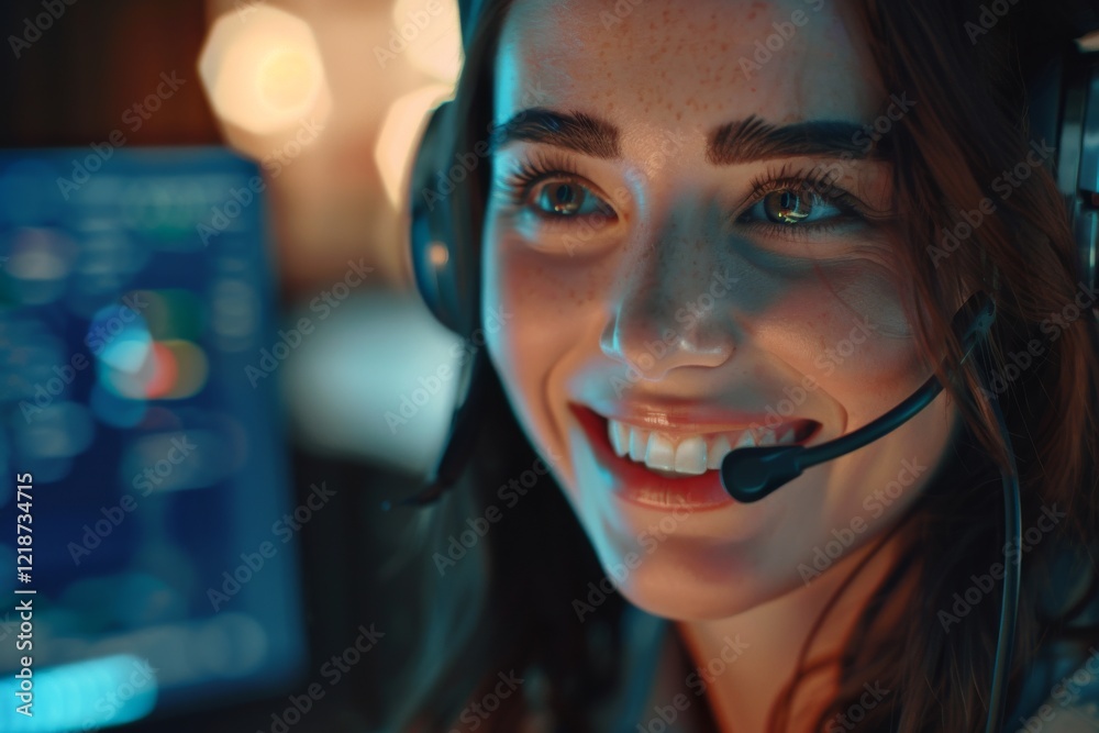 Poster a close-up of a smiling female call center agent wearing a headset in a vibrant office environment. 