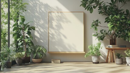 Serene Indoor Plant Decor with Blank Canvas and Natural Light
