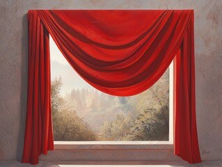 A vibrant red canopy drapes elegantly over a window, offering a striking contrast to the surrounding scenery