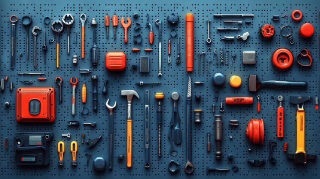 A vibrant assortment of various hand tools organized on a blue pegboard for easy access