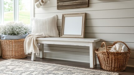 Cozy Rustic Interior with White Bench and Decorative Elements