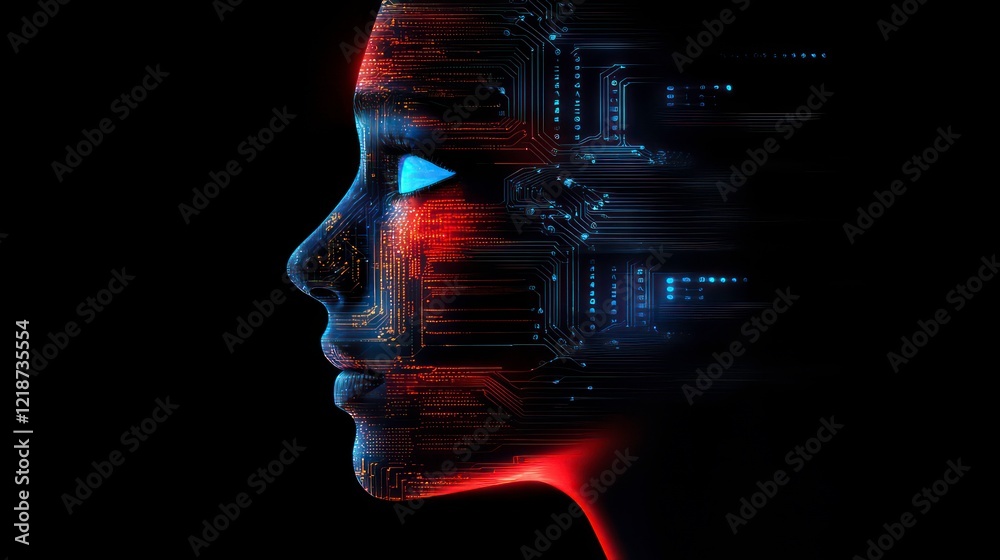 Poster a futuristic face rendered with intricate digital circuit patterns, lit by a dynamic glow of red and