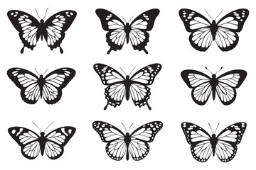 A collection of nine detailed silhouette butterfly designs in black and white