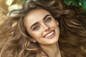 Fototapeta premium Woman With Curly Hair Smiles Outdoors in Soft Natural Light Surrounded by Greenery