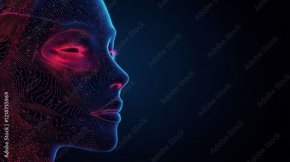 Poster a futuristic face rendered with intricate digital circuit patterns, lit by a dynamic glow of red and