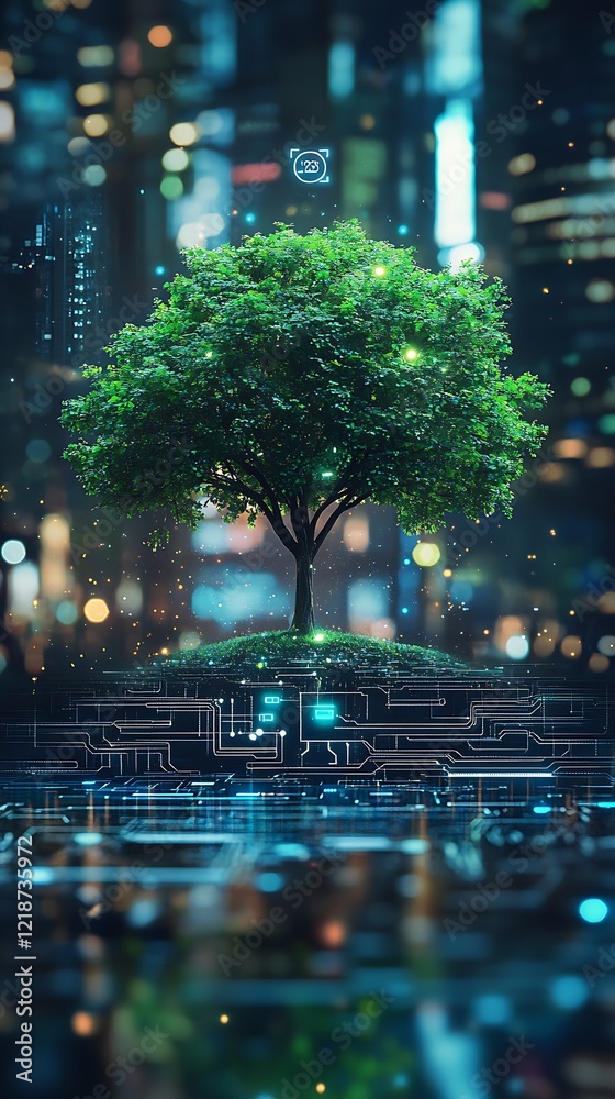 Poster harmonizing technology and nature in a futuristic digital urban landscape : generative ai