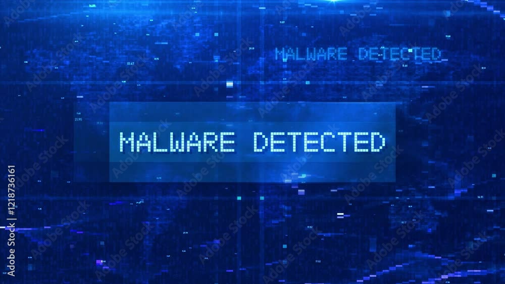 Wall mural malware detected digital text animation over futuristic world map and hud effects