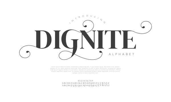 Dignite typography beauty fashion elegant minimalist serif italic fonts decorative wedding vintage retro logos. Minimal luxury font alphabet logo. Vector illustration