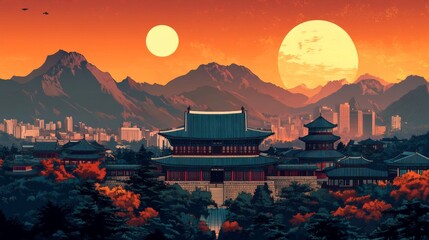 Seoul South Korea Poster Illustration Travel Print Decor Gift Paper Canvas Wall Retro Art